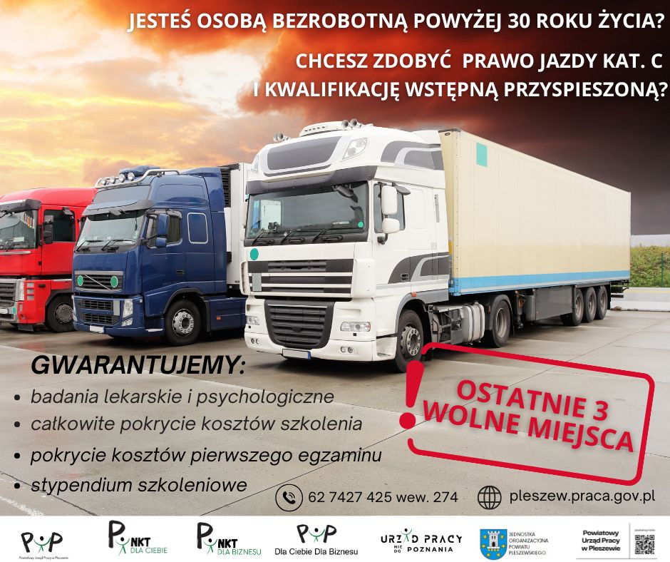 Zdjęcie artykułu Uwaga! Ostatnie wolne miejsca na prawo jazdy kat. C wraz z kwalifikacją wstępną przyspieszoną dla osób bezrobotnych powyżej 30 roku życia