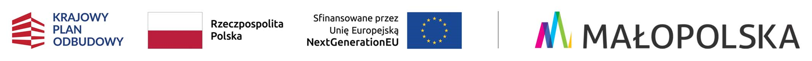 Zestawienie logotypów informujących o dofinansowaniu ze źródeł Krajowego Planu Odbudowy i Zwiększenia Odporności, budżetu Państwa i Województwa Małopolskiego.