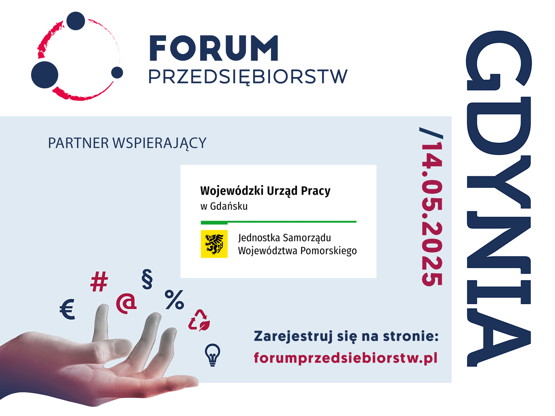 Grafika dotyczy Forum Przedsiębiorstw w Gdyni, 14 maja. Ukazuje WUP w Gdańsku jako partnera wspierającego wydarzenie